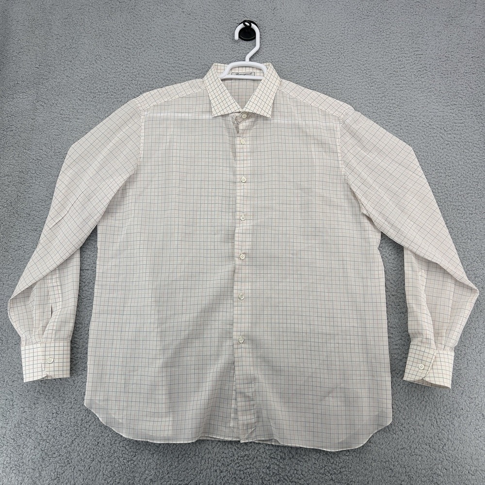 Borragnoli Roma Men's Dress Shirt 17.5 White Check Button Front Long Sleeve XL
